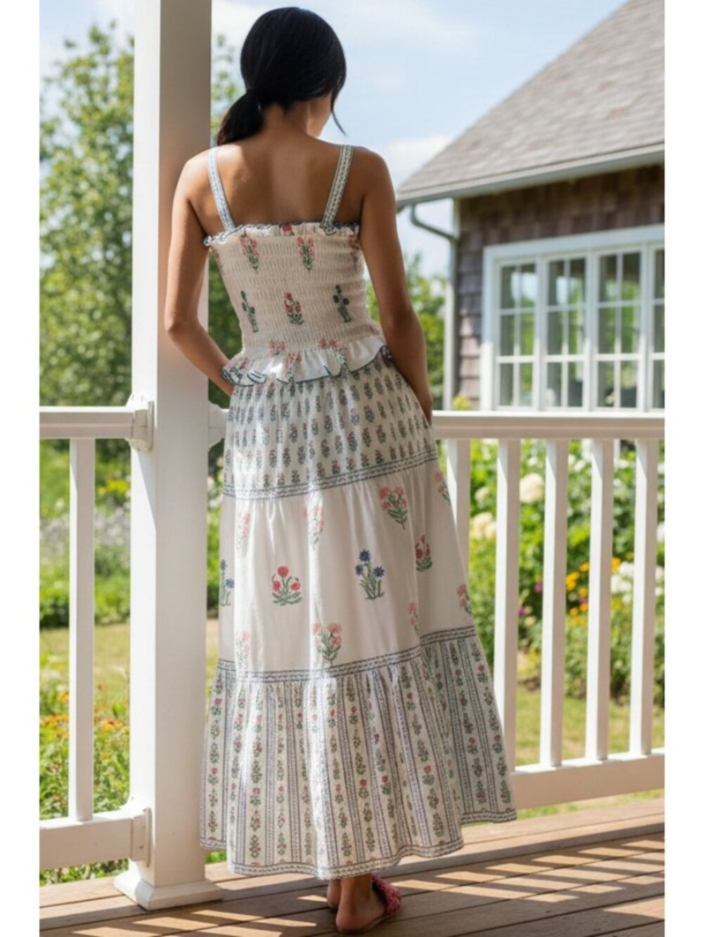 Retro Granny Floral Smock Ruffle Frill Square Neck Tiered Side Pocket Maxi Dress - Picture 5 of 8